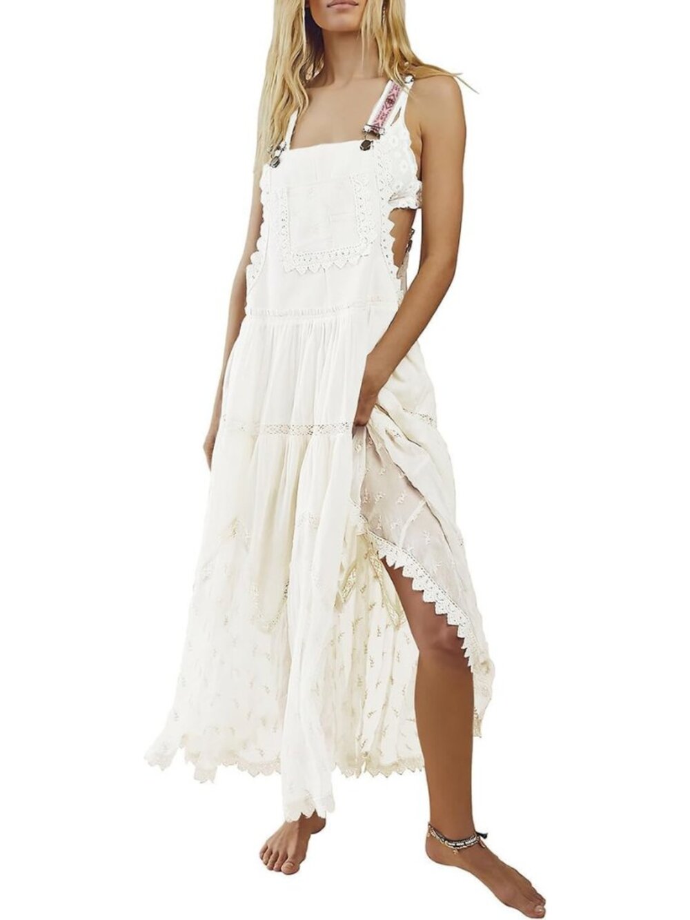 Women's Laced Embroidered Tulle Bib Dress Casual Loose Adjustable Straps Maxi